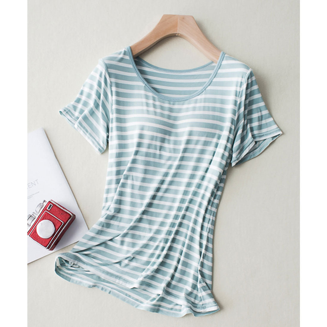 レースレディース Lace Ladies モールドカップ付きボーダー Uネック 半袖Tシャツ,グリーン