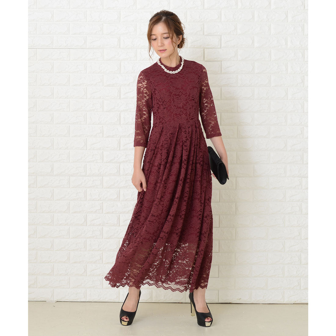 レースレディース Lace Ladies 総レース七分袖ロングワンピースドレス