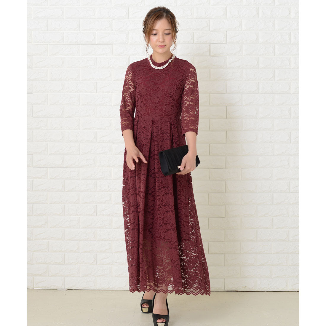 レースレディース Lace Ladies 総レース七分袖ロングワンピースドレス