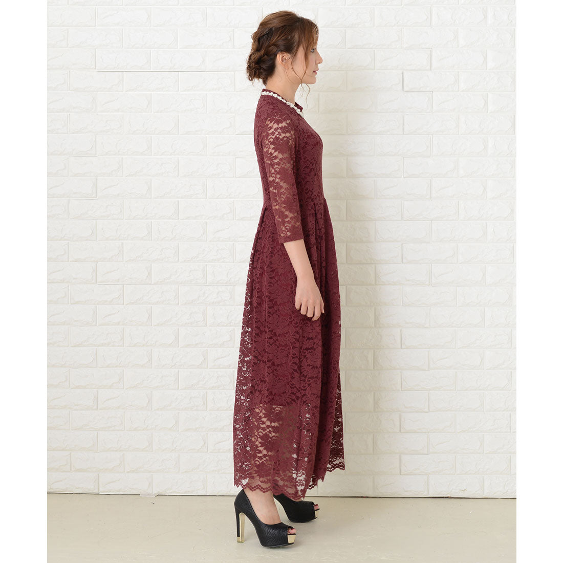 レースレディース Lace Ladies 総レース七分袖ロングワンピースドレス