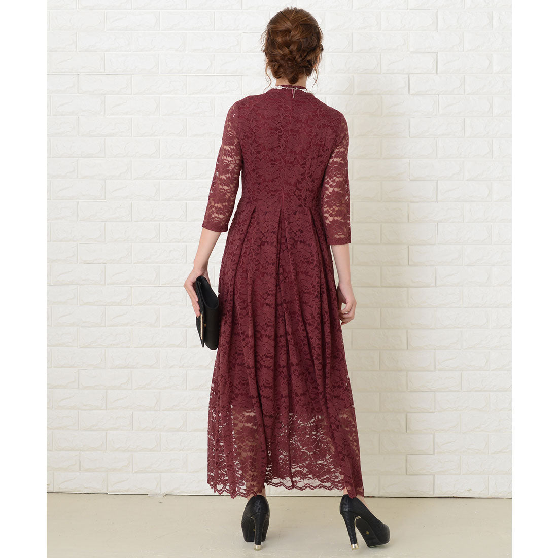 レースレディース Lace Ladies 総レース七分袖ロングワンピースドレス
