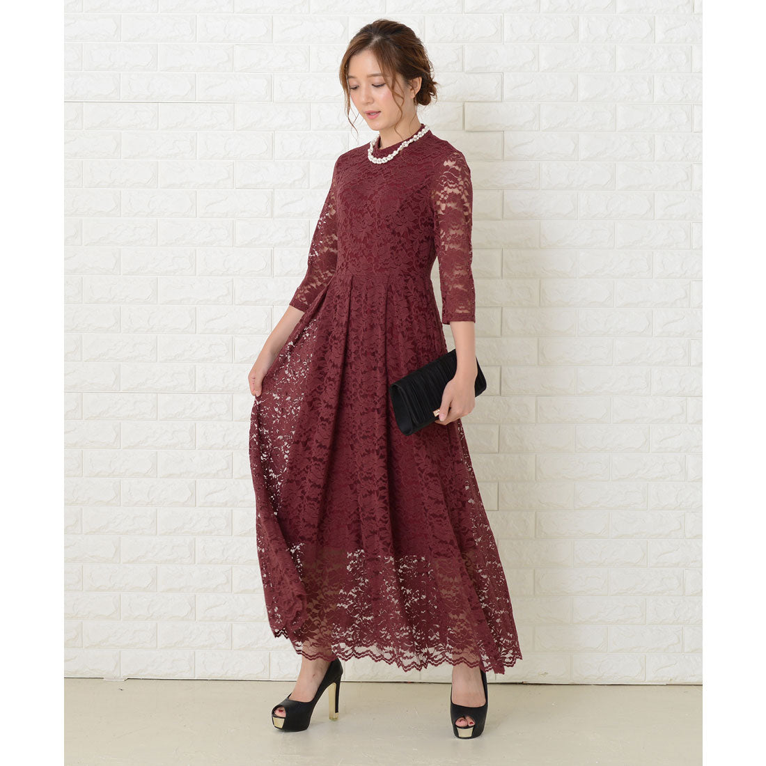 レースレディース Lace Ladies 総レース七分袖ロングワンピースドレス