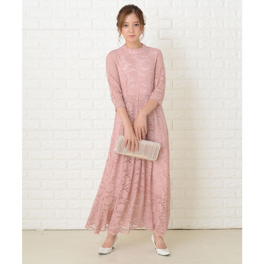 レースレディース Lace Ladies 総レース七分袖ロングワンピースドレス,ピンク