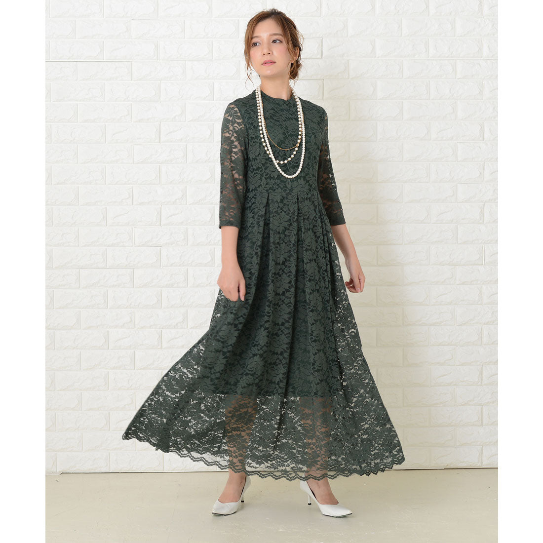 レースレディース Lace Ladies 総レース七分袖ロングワンピースドレス,グリーン