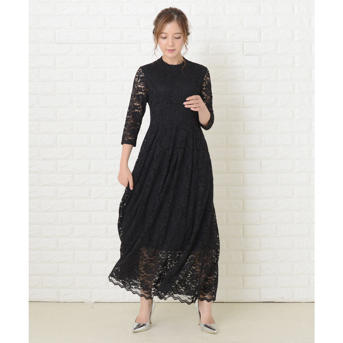 レースレディース Lace Ladies 総レース七分袖ロングワンピースドレス,ブラック