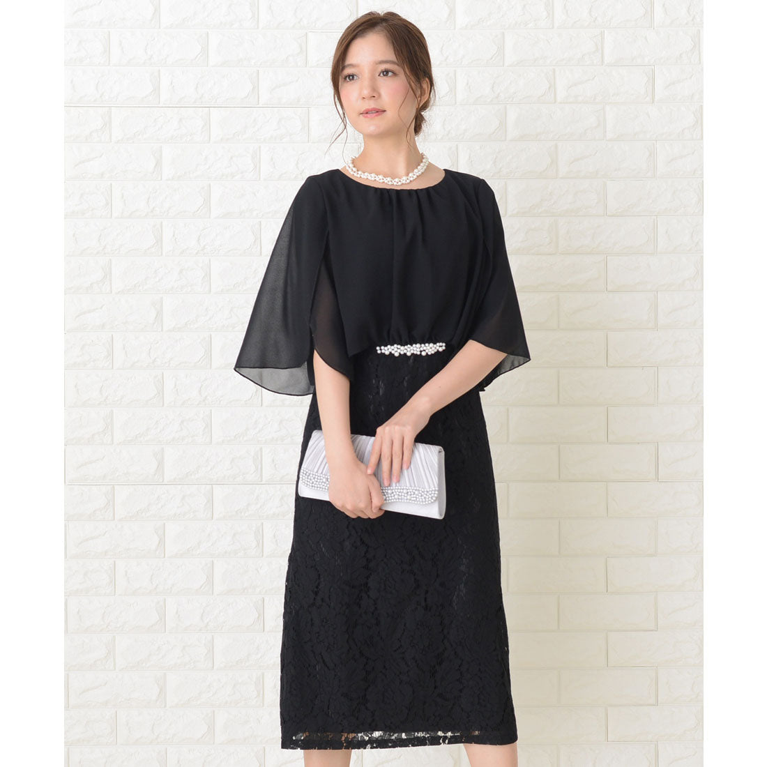 レースレディース Lace Ladies ビジュー付 ミモレ丈 レースワンピースドレス