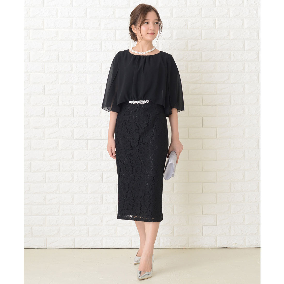 レースレディース Lace Ladies ビジュー付 ミモレ丈 レースワンピースドレス