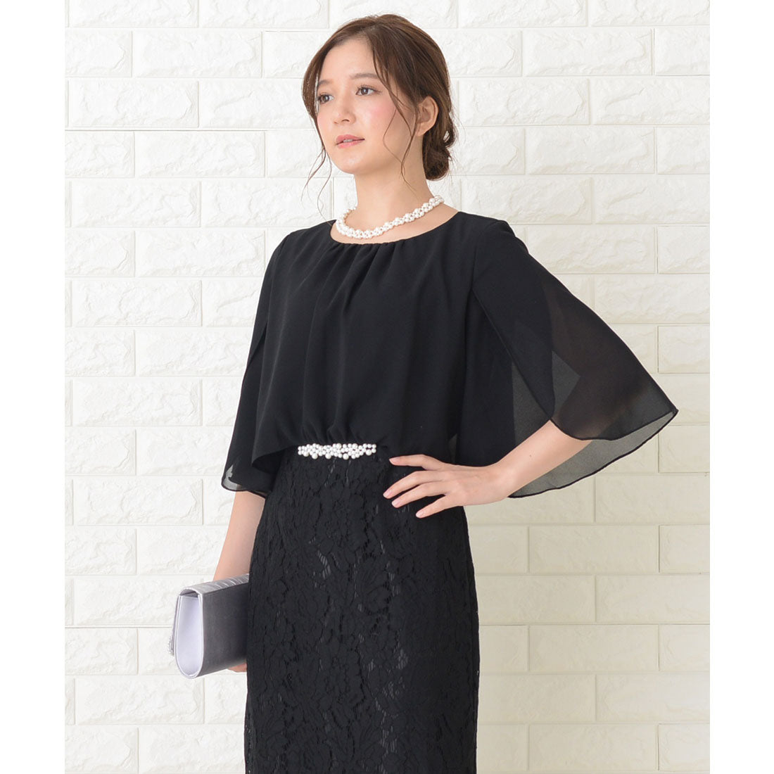 レースレディース Lace Ladies ビジュー付 ミモレ丈 レースワンピースドレス