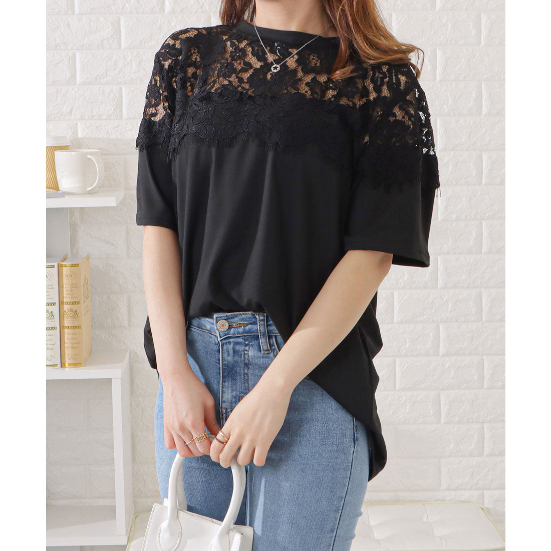 レースレディース Lace Ladies レース切替半袖Tシャツ,ブラック