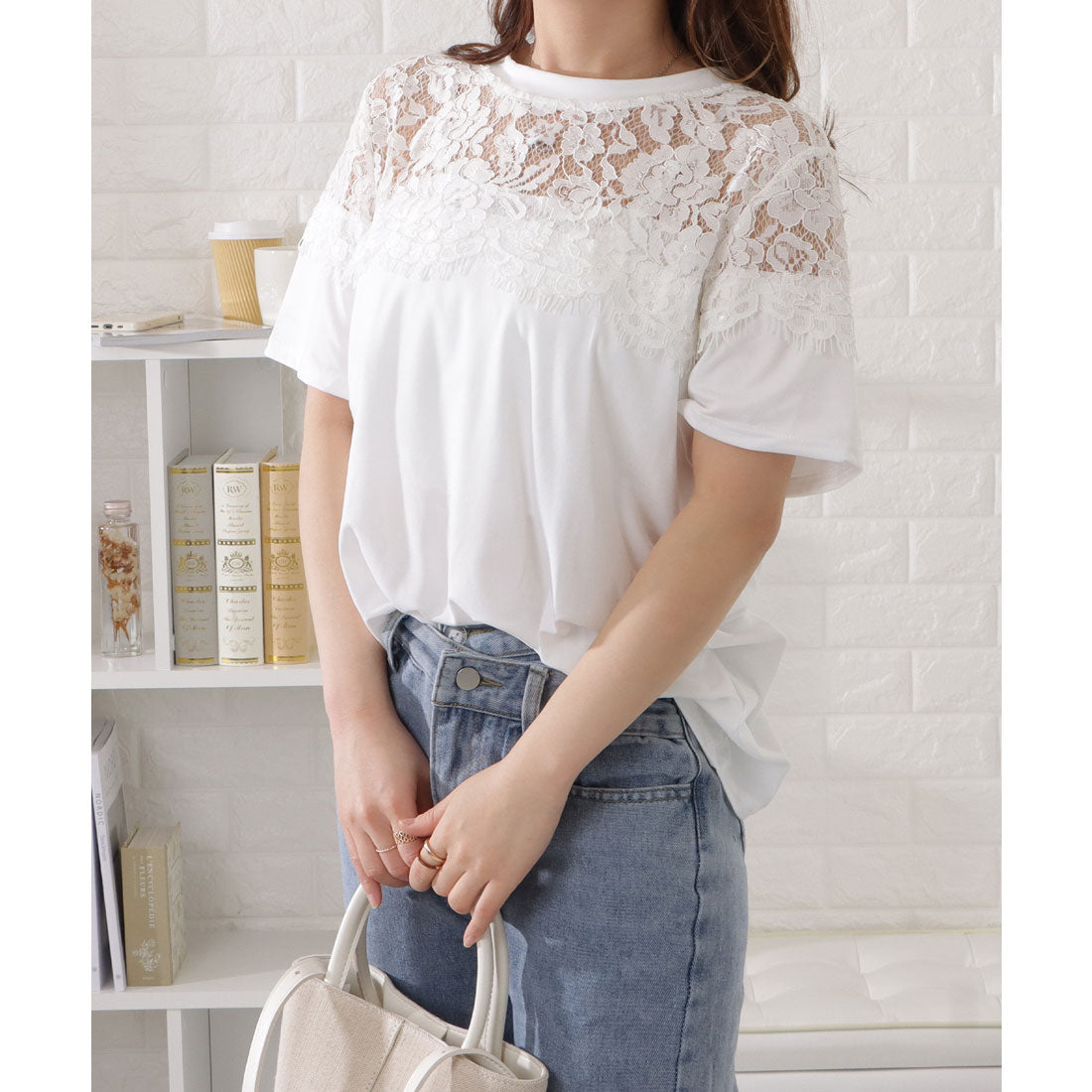 レースレディース Lace Ladies レース切替半袖Tシャツ,ホワイト