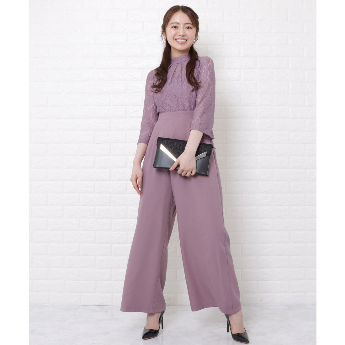 レースレディース Lace Ladies レース切替ハイウエストワイドパンツドレス （ブラック） Lace Ladies パンツドレス レース切替ハイウエストワイドパンツ