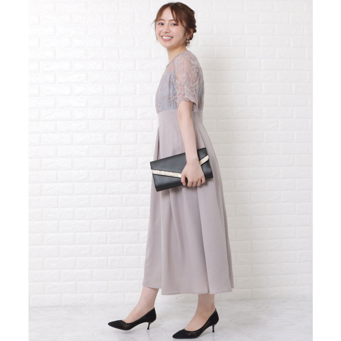 レースレディース Lace Ladies レース切替ハイウエストタックプリーツワンピースドレス （グレー） グレー