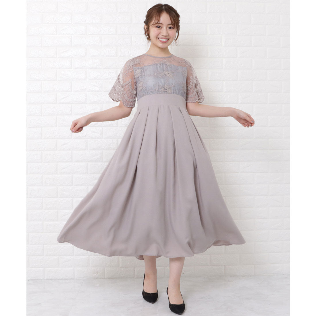 レースレディース Lace Ladies レース切替ハイウエストタックプリーツワンピースドレス （グレー） グレー