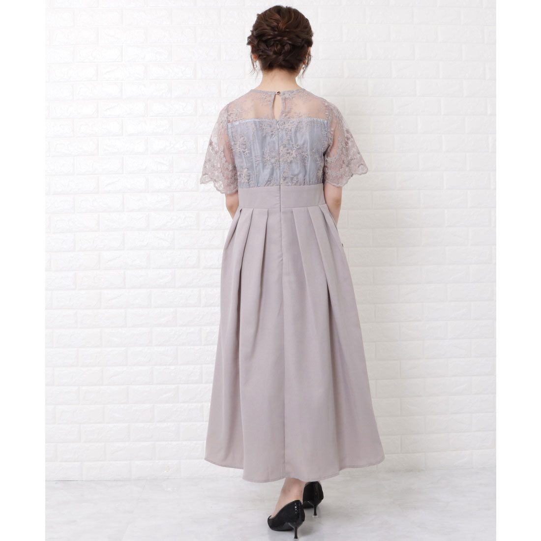 レースレディース Lace Ladies レース切替ハイウエストタックプリーツワンピースドレス （グレー） グレー