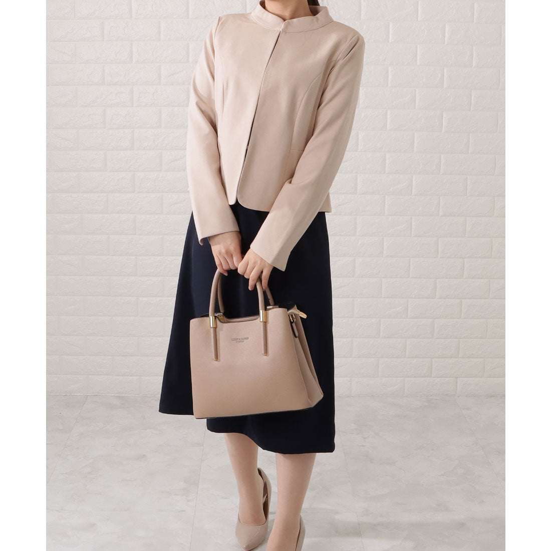 レースレディース Lace Ladies スタンドカラージャケット&セミフレアフェイクレイヤードワンピースセットアップ,グレージュ