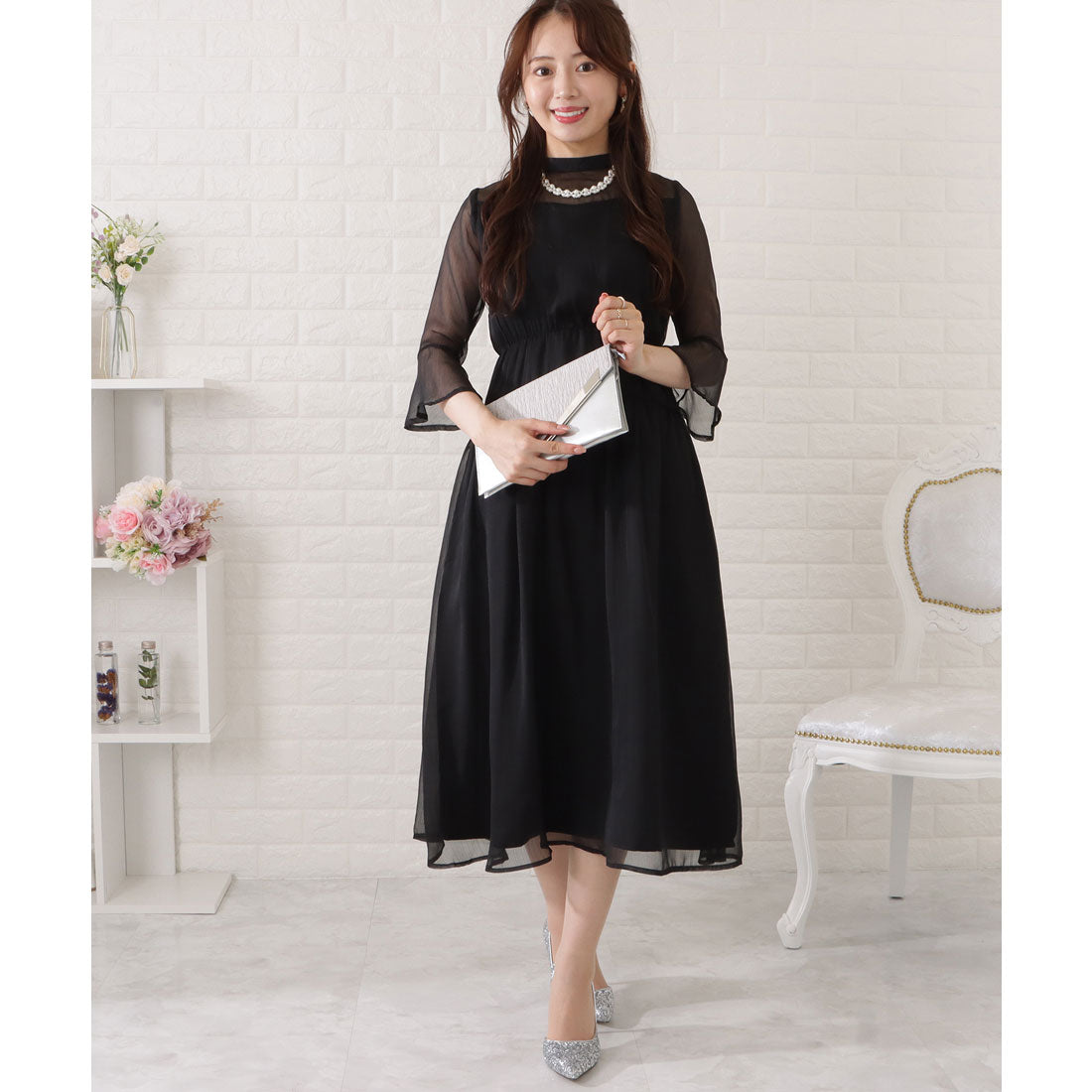 Lace Ladies Waist Gathered Flared Chiffon Dress