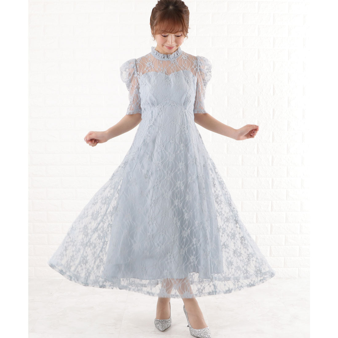 レースレディース Lace Ladies パワーショルダー総レースワンピースドレス,ブルー
