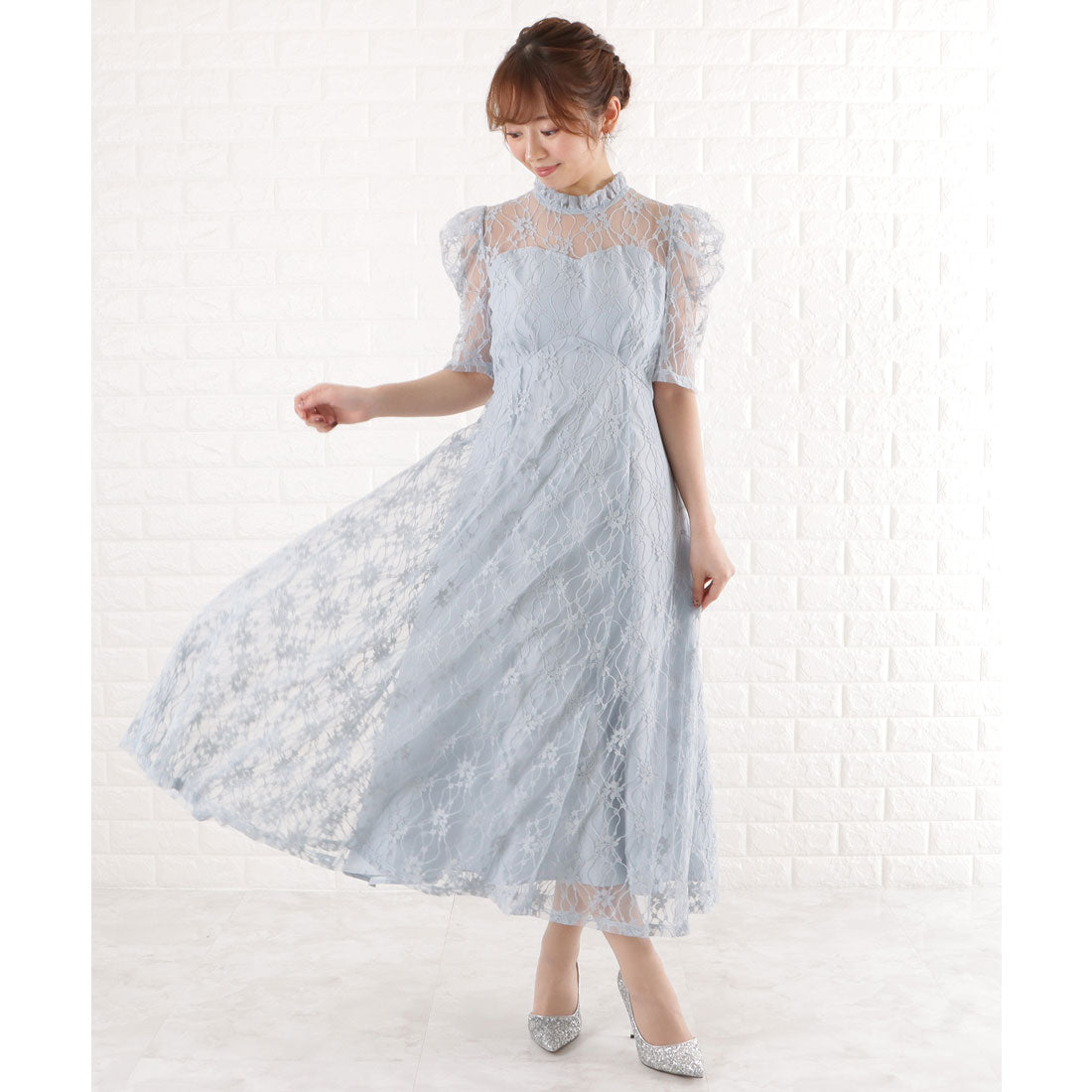 レースレディース Lace Ladies パワーショルダー総レースワンピースドレス
