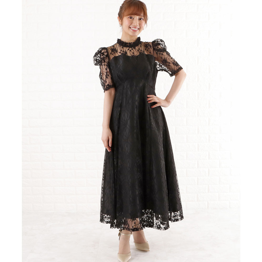 レースレディース Lace Ladies パワーショルダー総レースワンピースドレス,ブラック