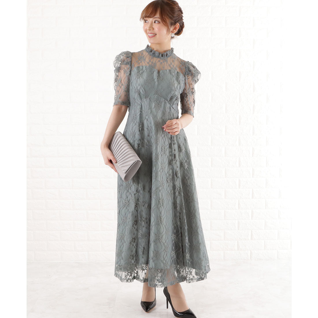 レースレディース Lace Ladies パワーショルダー総レースワンピースドレス,ミント
