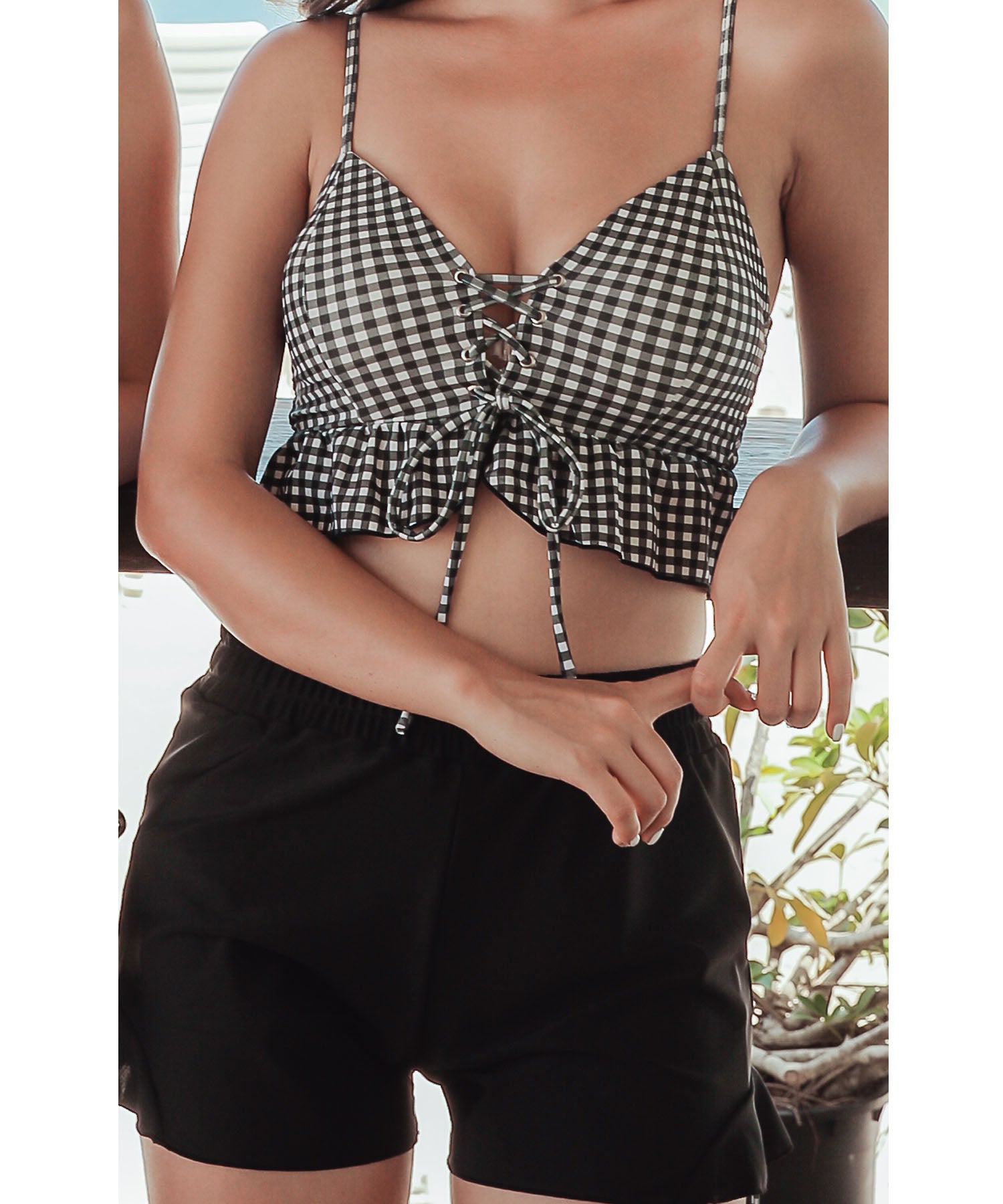 レースレディース Lace Ladies キャミソールトップス ショートパンツ付き タンキニ水着3点セット【返品不可商品】 （チェック柄） チェック柄