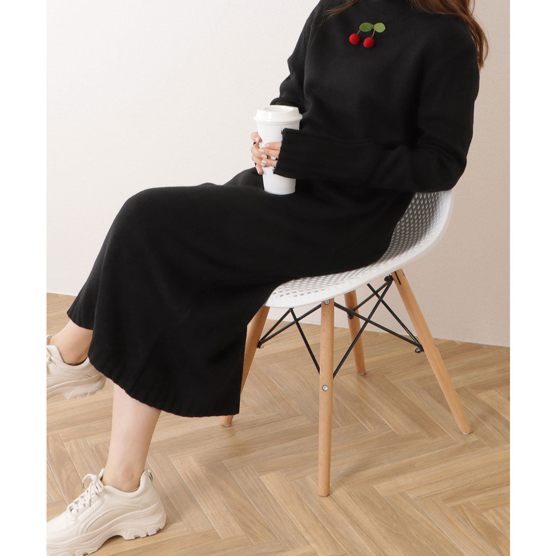 レースレディース Lace Ladies ラウンドネック リブ ニット ロング ワンピース （ブラック） ブラック