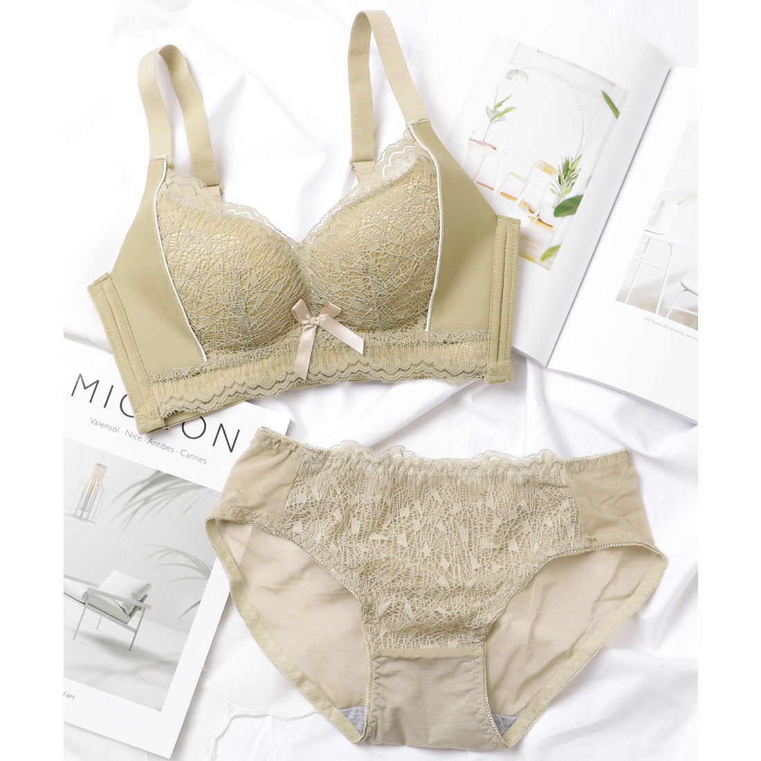 レースレディース Lace Ladies レース切替リボン付きノンワイヤーブラ&ショーツセット【返品不可商品】 （アイボリー） アイボリー