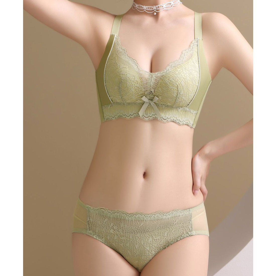 レースレディース Lace Ladies レース切替リボン付きノンワイヤーブラ&ショーツセット【返品不可商品】 （グリーン） グリーン