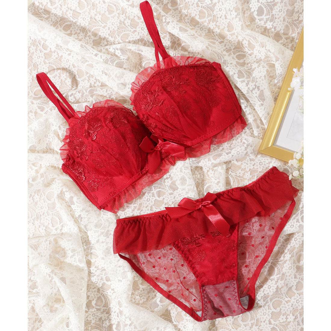 レースレディース Lace Ladies サテンリボン花柄フリルノンワイヤーブラ&ショーツセット【返品不可商品】 （レッド） レッド