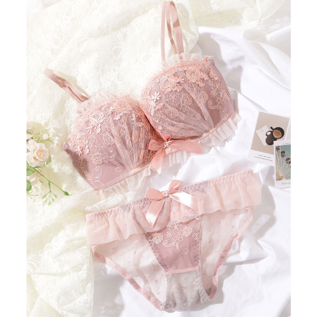 レースレディース Lace Ladies サテンリボン花柄フリルノンワイヤーブラ&ショーツセット【返品不可商品】 （レッド） レッド