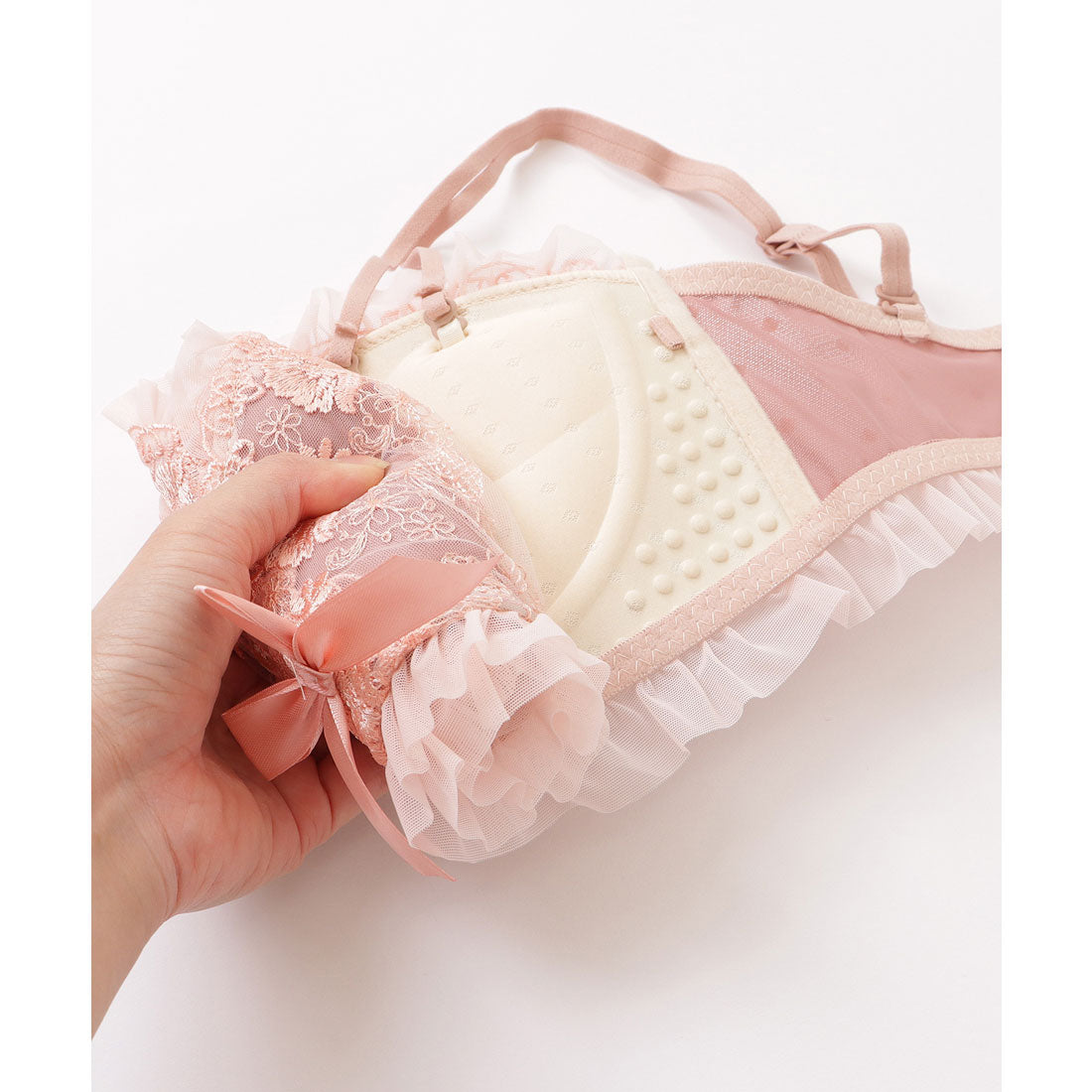 レースレディース Lace Ladies サテンリボン花柄フリルノンワイヤーブラ&ショーツセット【返品不可商品】 （レッド） レッド