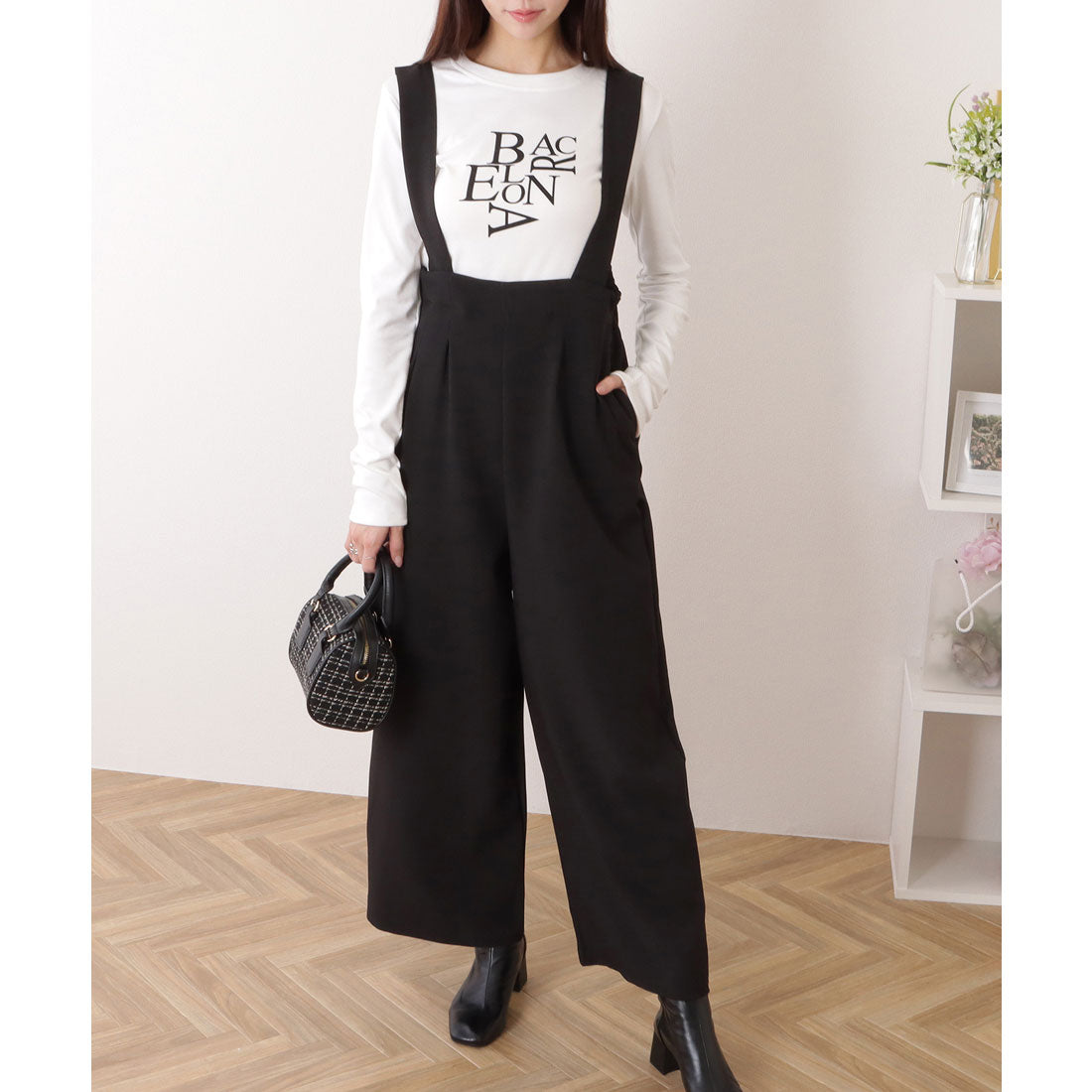 レースレディース Lace Ladies ハイウエスト タック入り ワイド サロペット パンツ （ブラック） ブラック