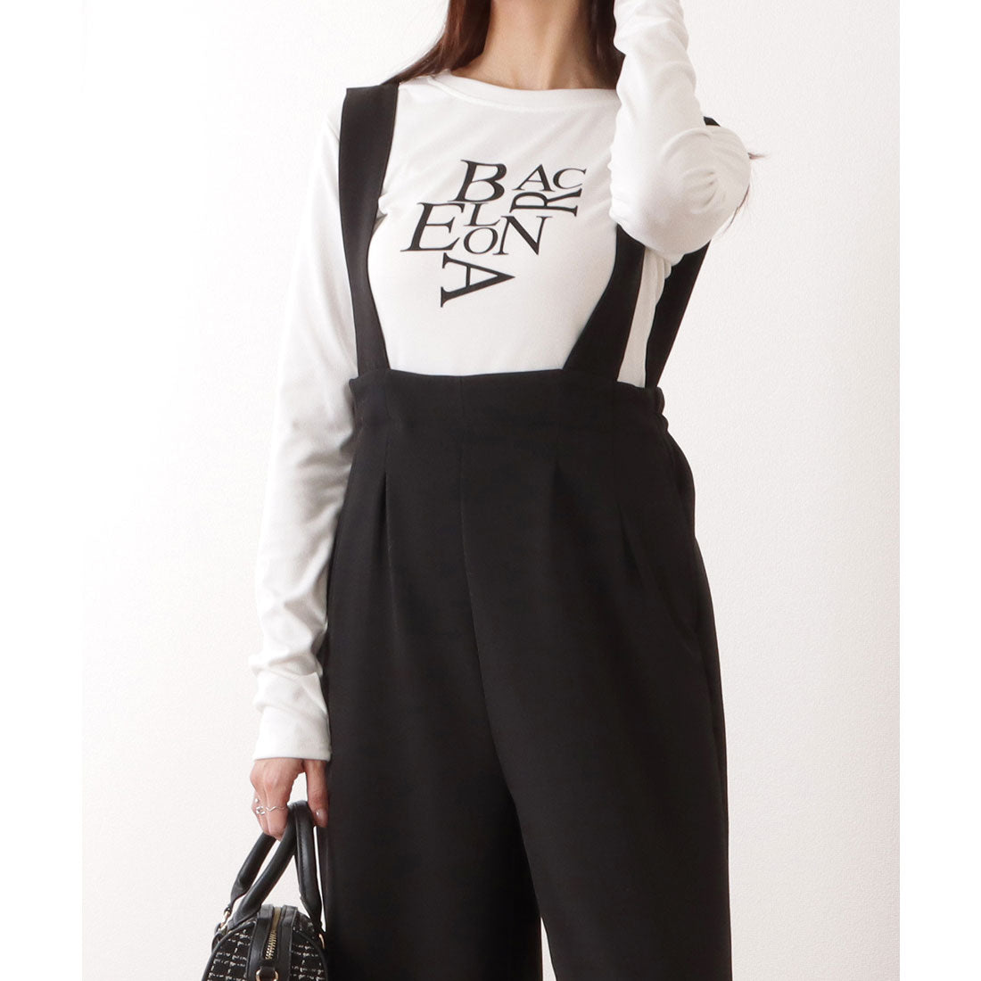 レースレディース Lace Ladies ハイウエスト タック入り ワイド サロペット パンツ （ブラック） ブラック