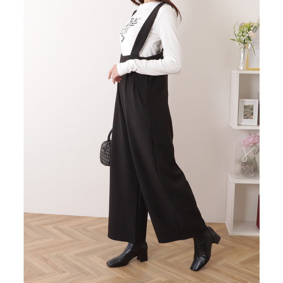 レースレディース Lace Ladies ハイウエスト タック入り ワイド サロペット パンツ （ブラック） ブラック