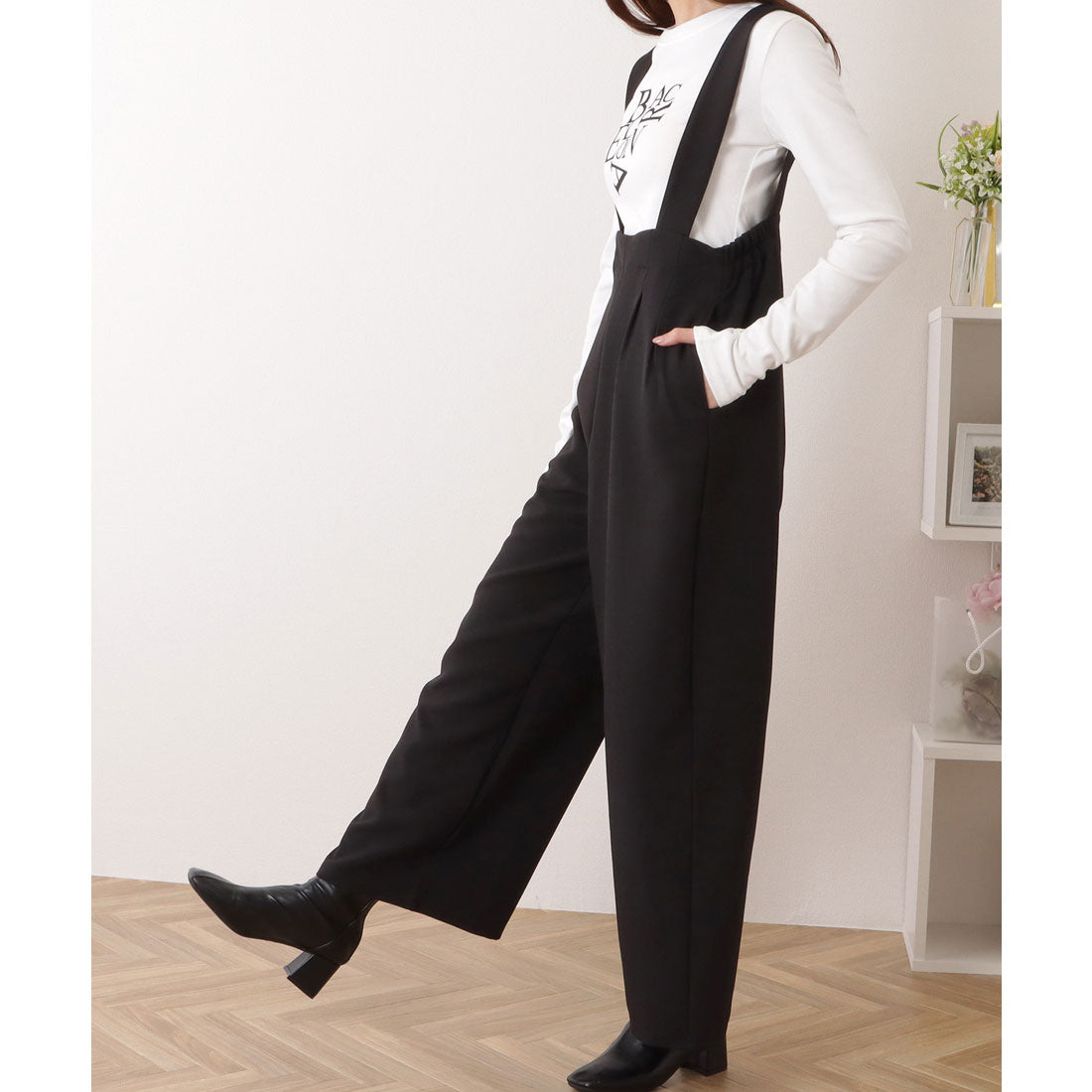 レースレディース Lace Ladies ハイウエスト タック入り ワイド サロペット パンツ （ブラック） ブラック