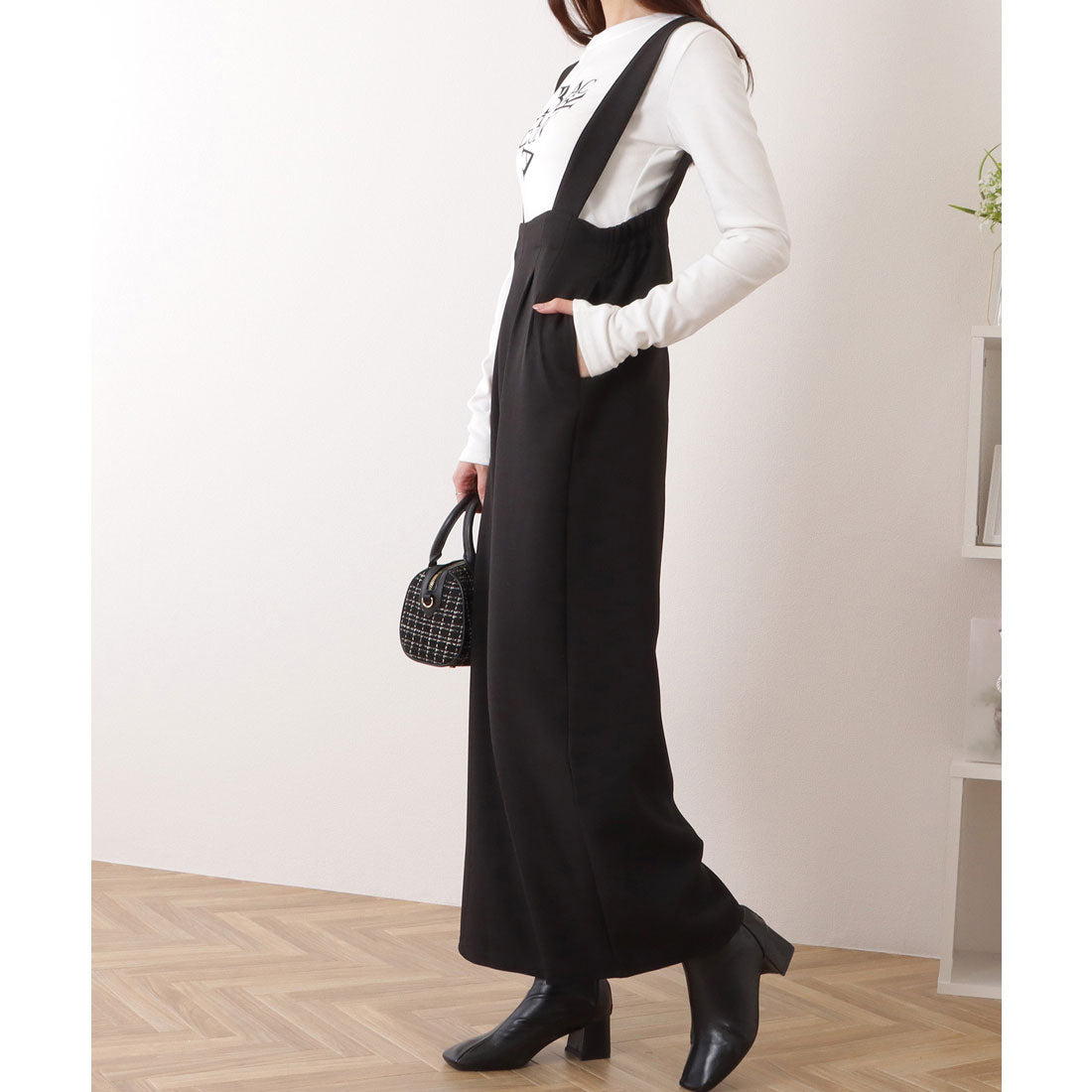 レースレディース Lace Ladies ハイウエスト タック入り ワイド サロペット パンツ （ブラック） ブラック