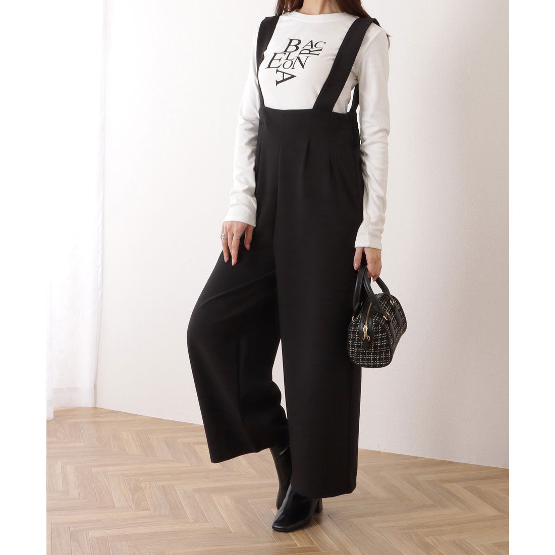 レースレディース Lace Ladies ハイウエスト タック入り ワイド サロペット パンツ （ブラック） ブラック