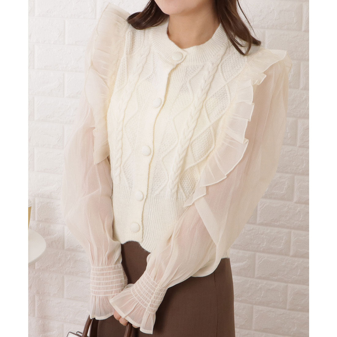 レースレディース Lace Ladies ニット×シフォンドッキングフリルトップス （ホワイト） ホワイト