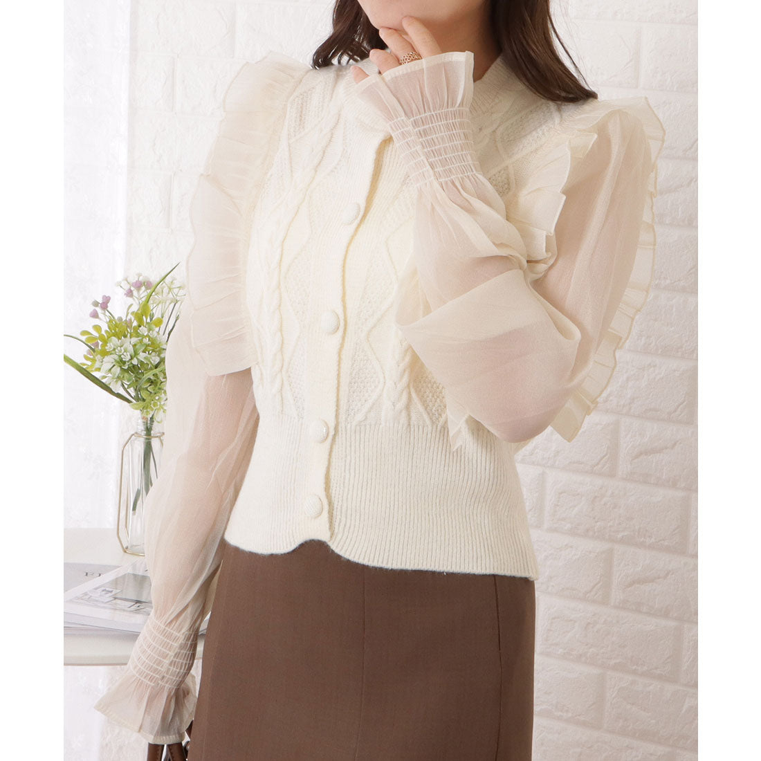 レースレディース Lace Ladies ニット×シフォンドッキングフリルトップス （ホワイト） ホワイト