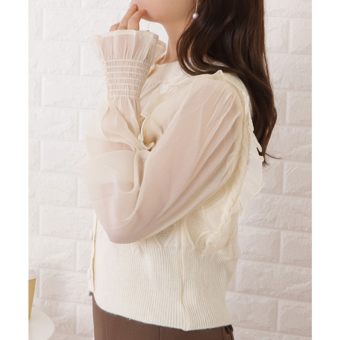 レースレディース Lace Ladies ニット×シフォンドッキングフリルトップス （ホワイト） ホワイト