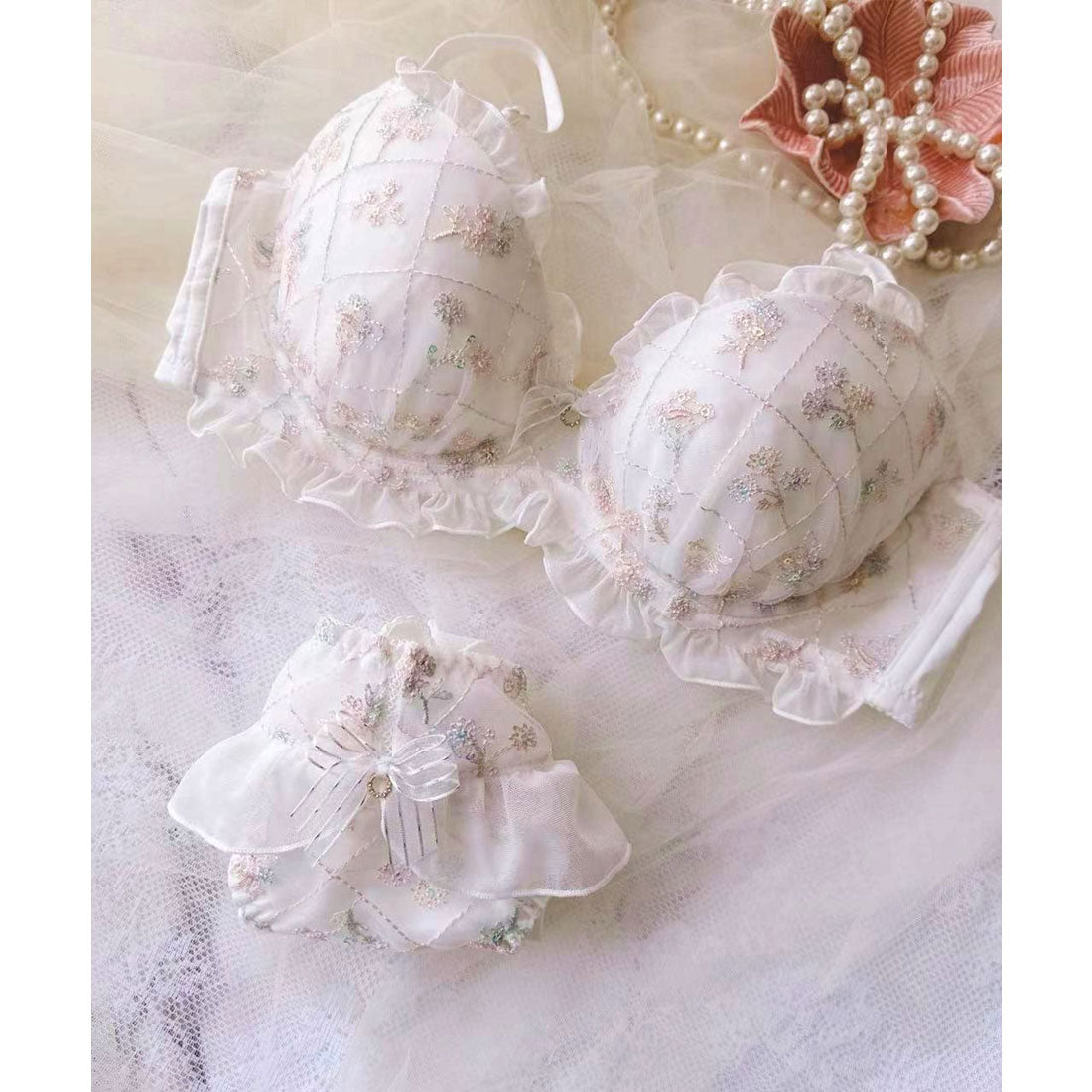 レースレディース Lace Ladies シフォンフリルブーケ刺繍ブラ&ショーツセット【返品不可商品】 （ピンク） ピンク