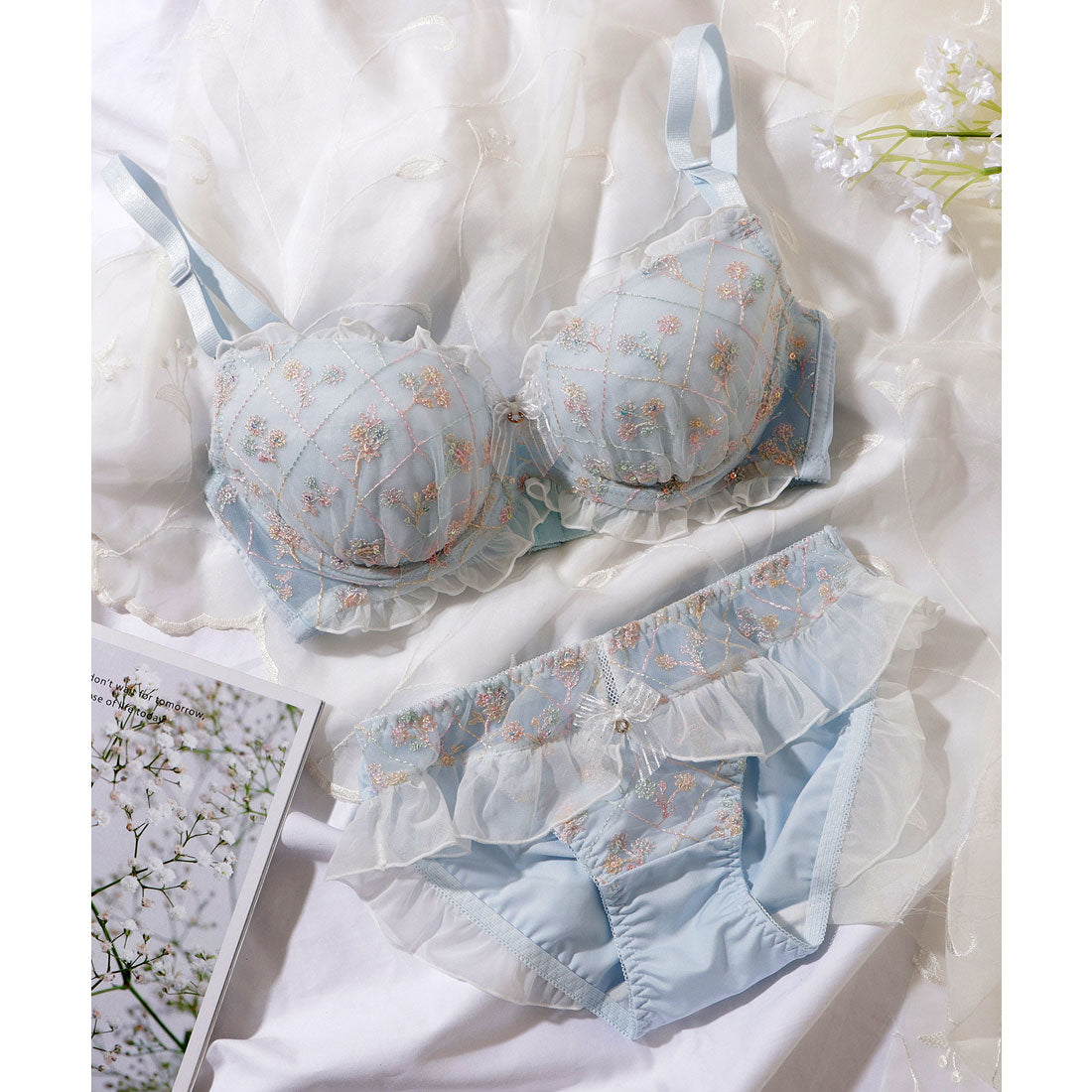 レースレディース Lace Ladies シフォンフリルブーケ刺繍ブラ&ショーツセット【返品不可商品】 （ブルー） ブルー