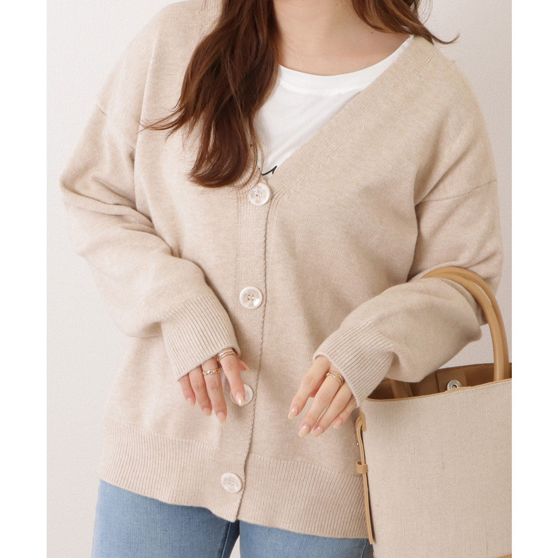 レースレディース Lace Ladies ベーシックVネック長袖ニットカーディガン （ベージュ） ベージュ