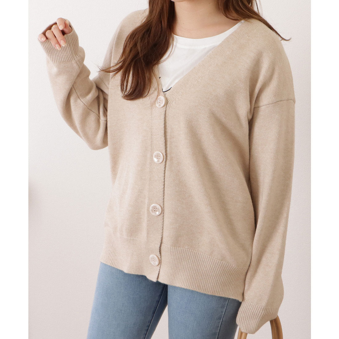 レースレディース Lace Ladies ベーシックVネック長袖ニットカーディガン （ベージュ） ベージュ