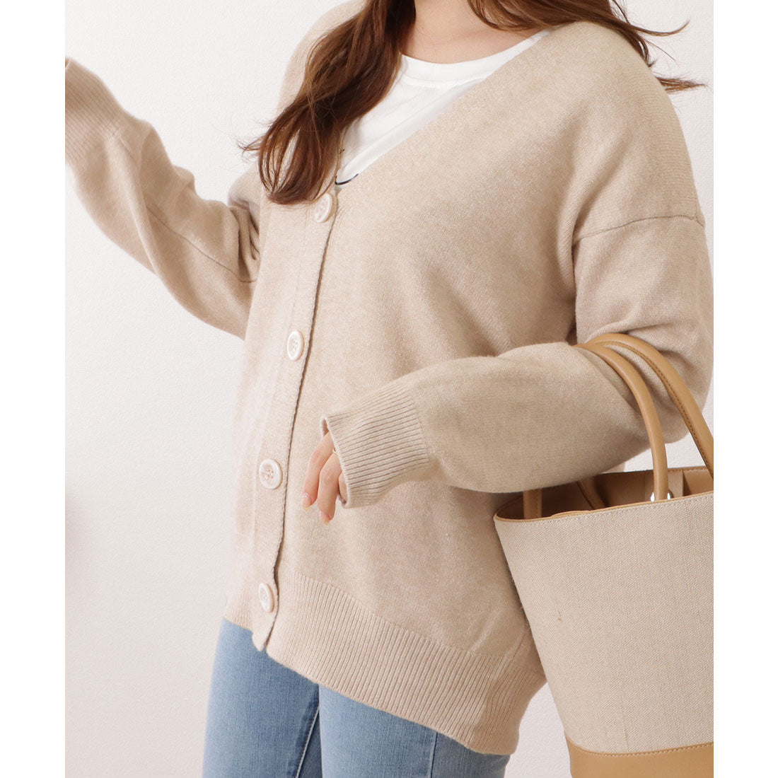 レースレディース Lace Ladies ベーシックVネック長袖ニットカーディガン （ベージュ） ベージュ