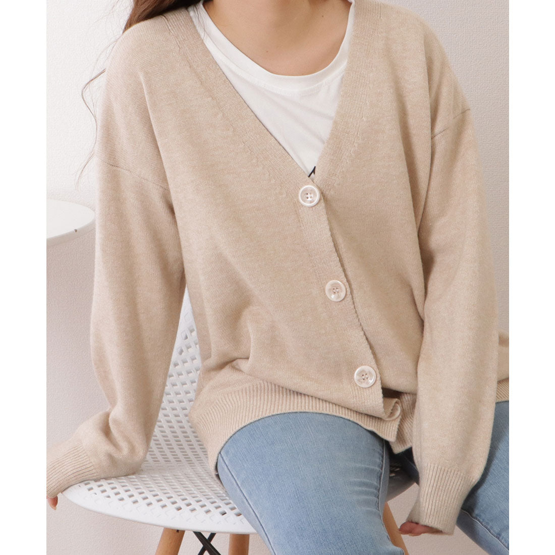 レースレディース Lace Ladies ベーシックVネック長袖ニットカーディガン （ベージュ） ベージュ