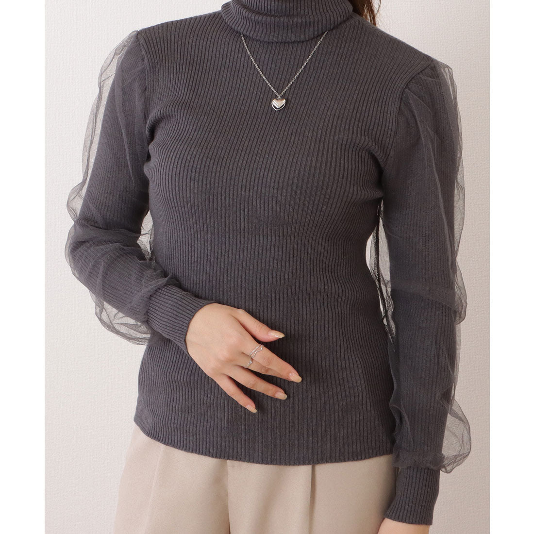 レースレディース Lace Ladies シフォンレイヤードハイネックリブニットプルオーバー （グレー） グレー