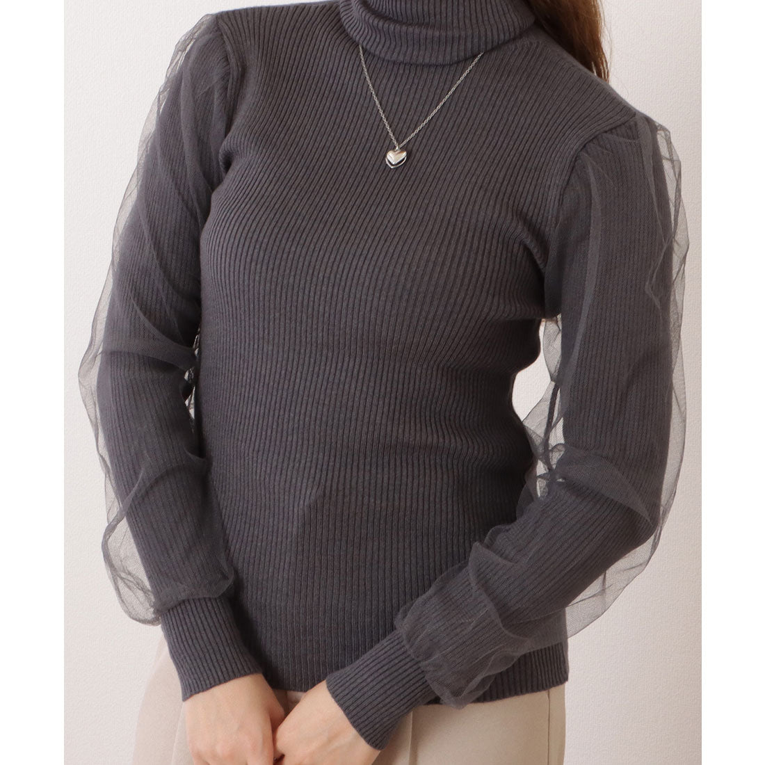 レースレディース Lace Ladies シフォンレイヤードハイネックリブニットプルオーバー （グレー） グレー