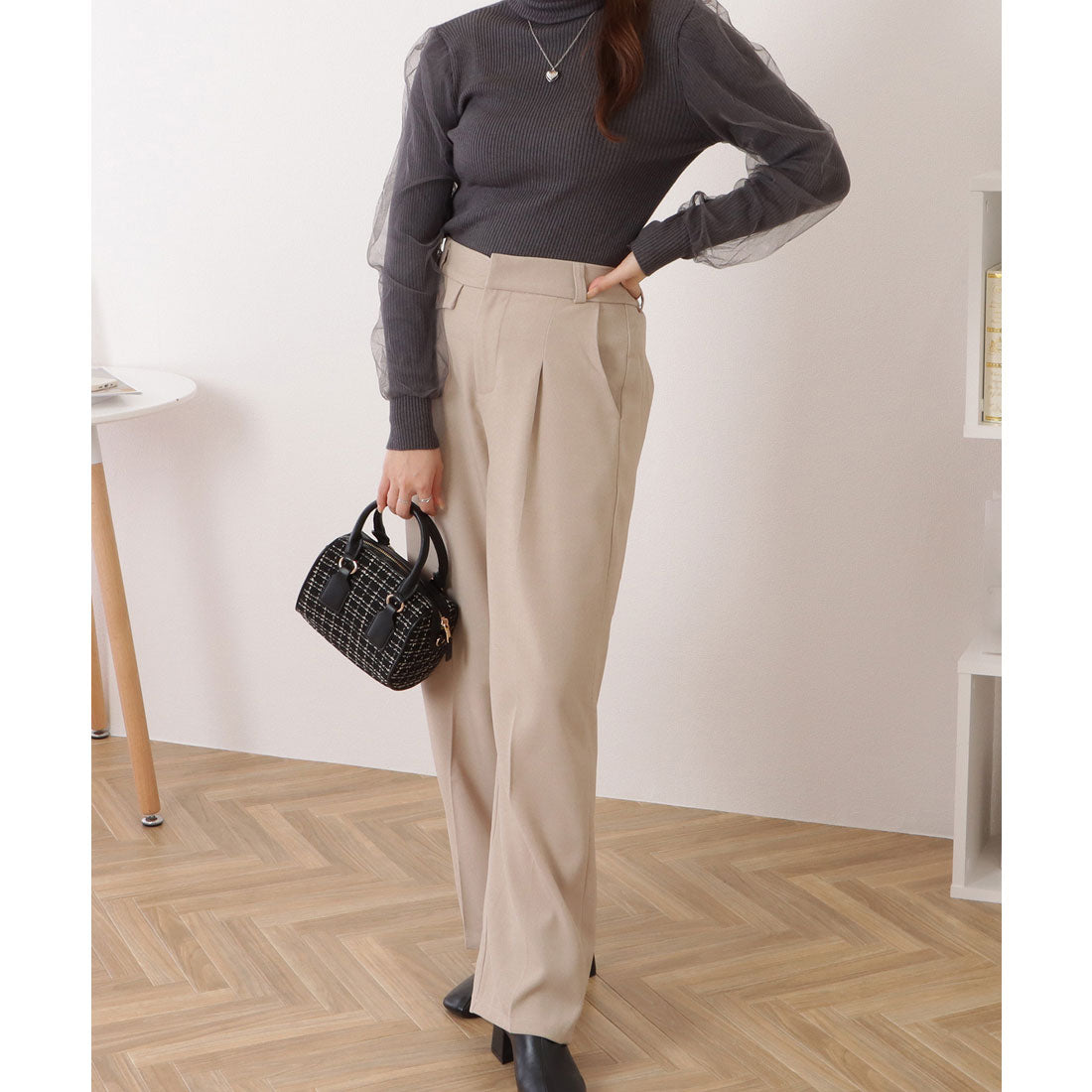 レースレディース Lace Ladies シフォンレイヤードハイネックリブニットプルオーバー （グレー） グレー