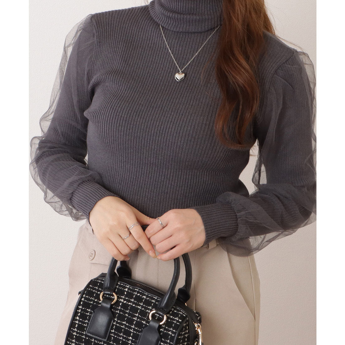 レースレディース Lace Ladies シフォンレイヤードハイネックリブニットプルオーバー （グレー） グレー